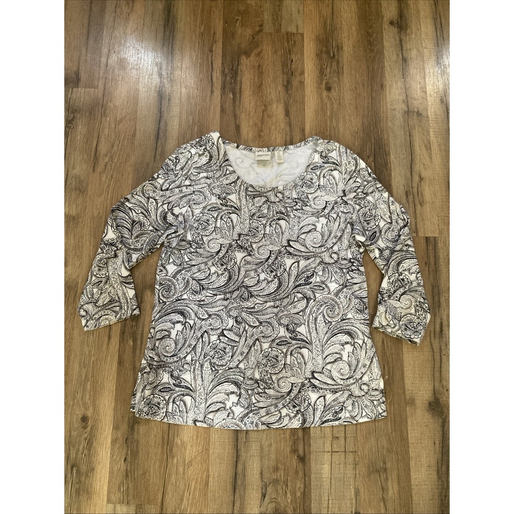 Chicos Zenergy Top Womens 0 US‎ Small White Paisley Embellished 3/4 Sleeve Tee